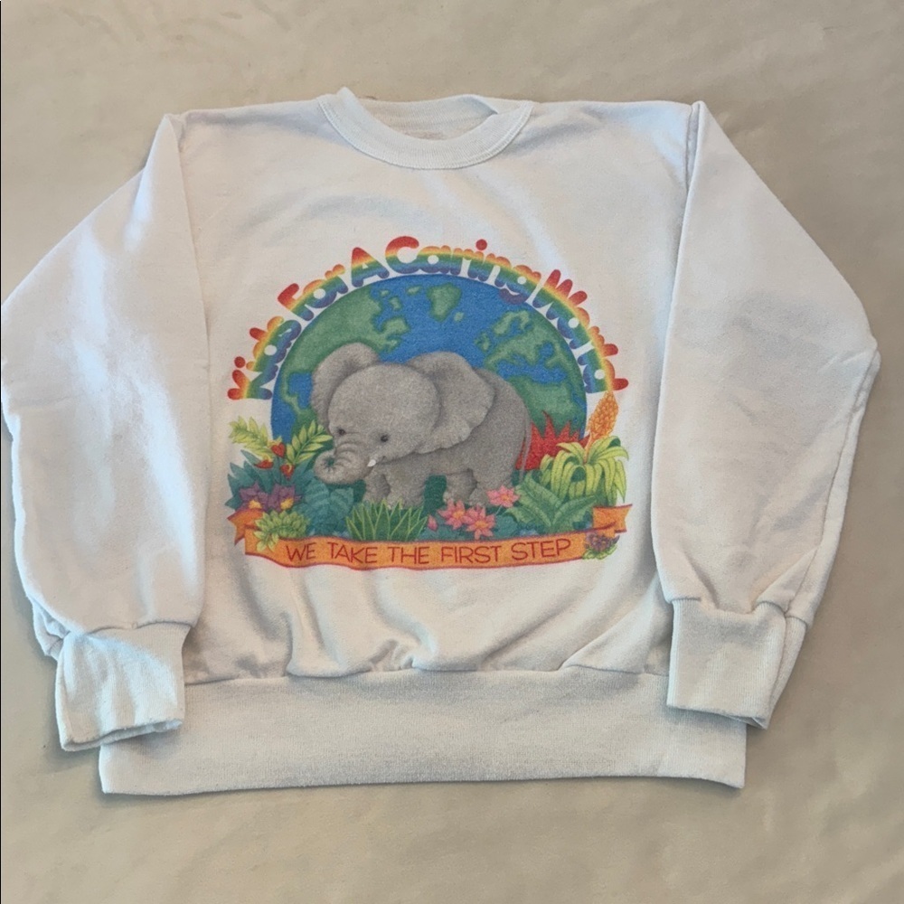Vintage! Kids White Cotton-Blend Crew “Kids For a Caring World”, sz S